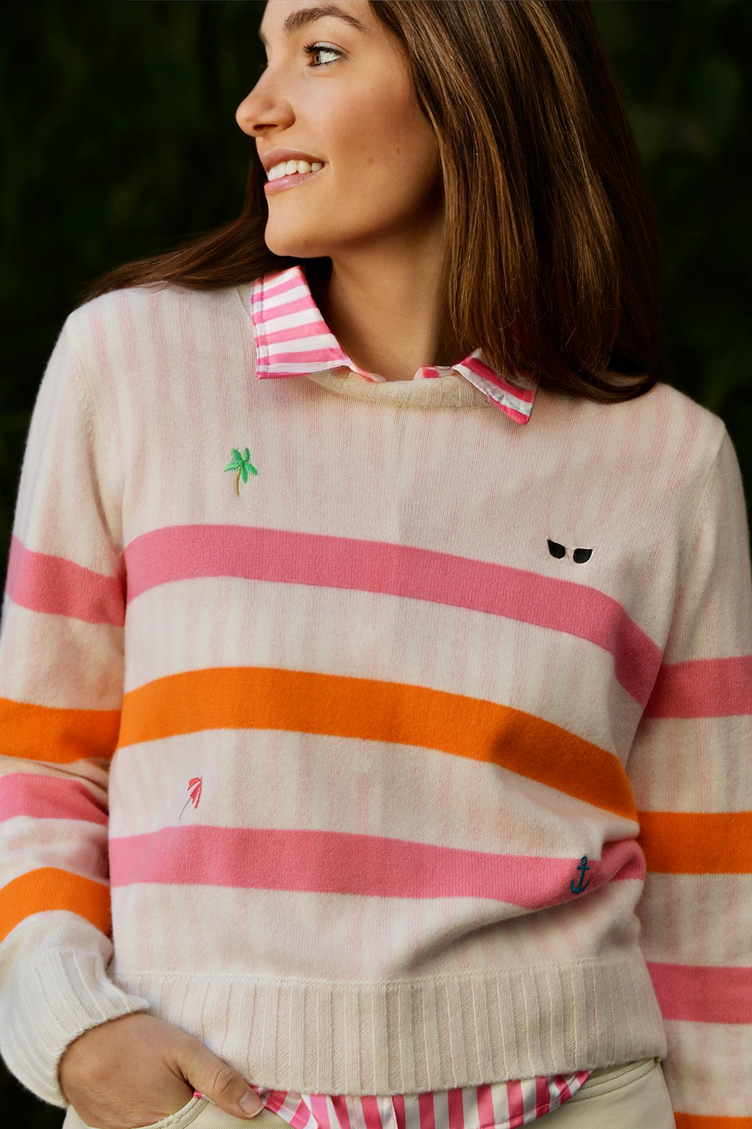 BRODIE EMBROIDERED 🌴STRIPE CREW NECK SWEATER