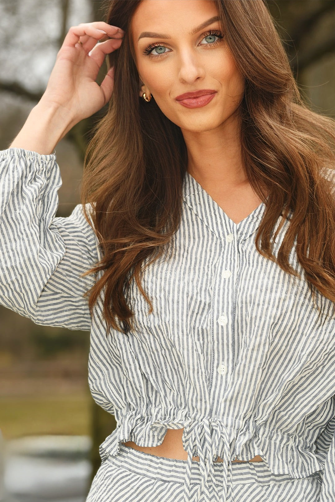DREW AMARA NAVY BUTTON TIE STRIPE TOP