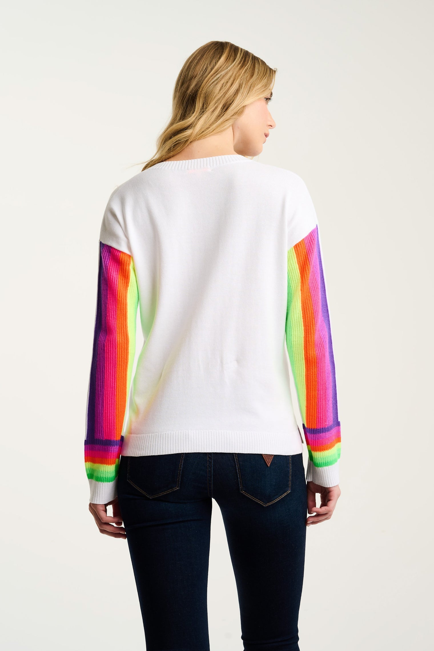 LISA TODD BRITE SIDE WHITE V NECK SWEATER WITH RAINBOW STRIPES