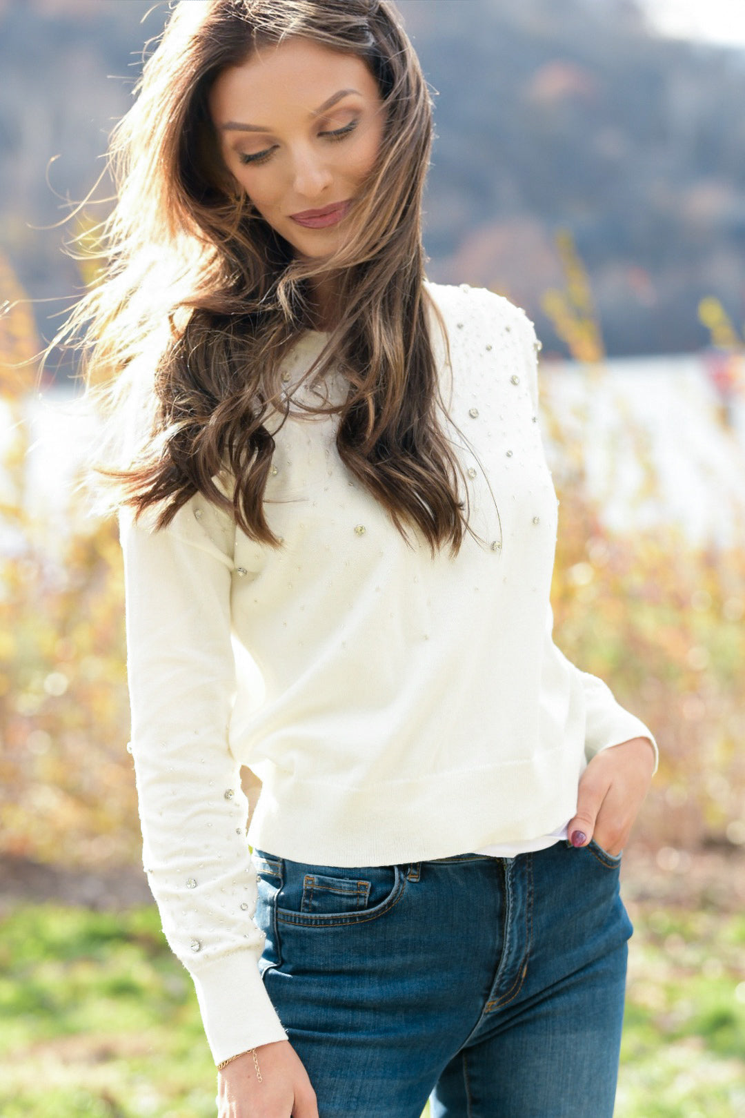 J. SOCIETY EMBELLISHED VANILLA SWEATER