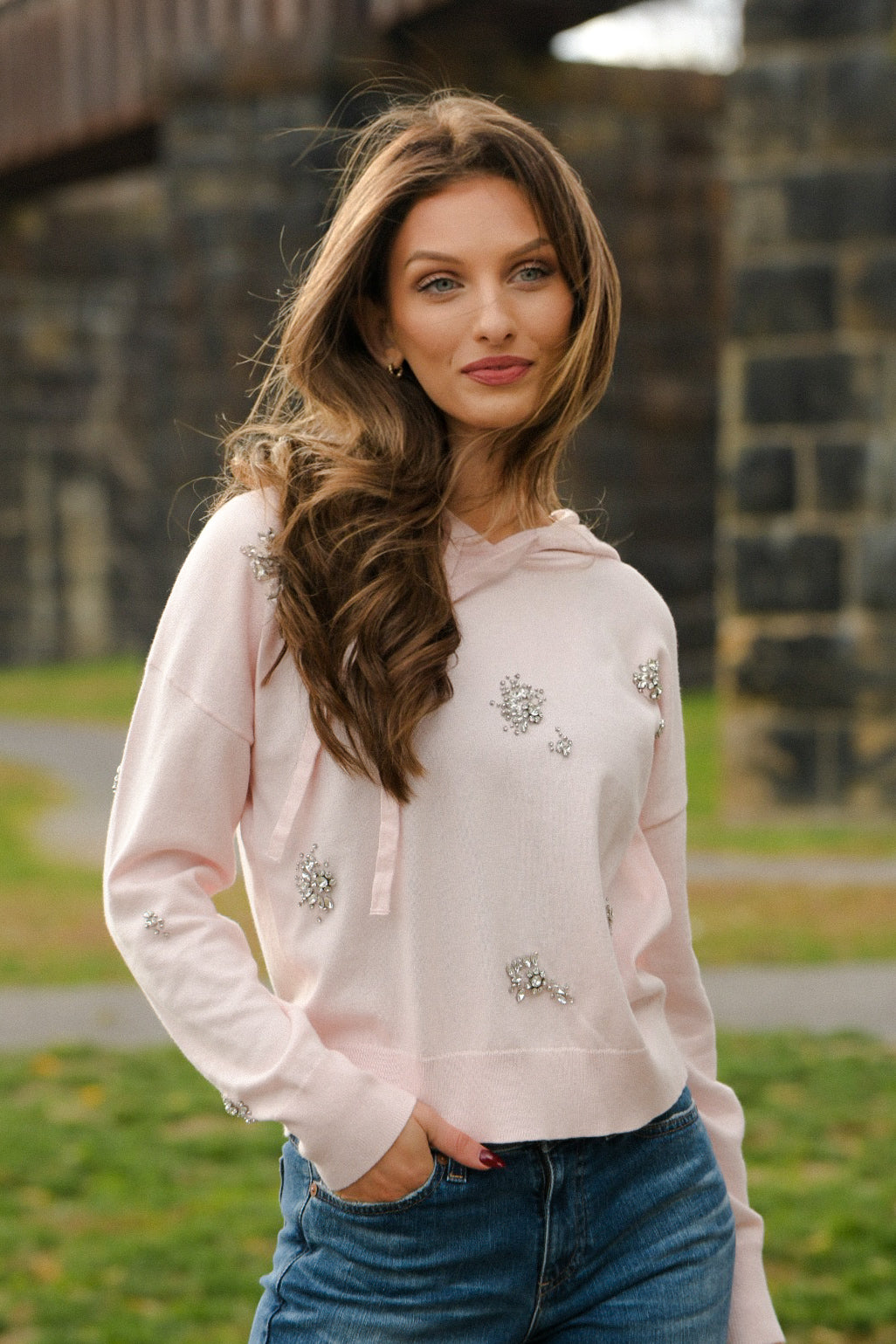 J. SOCIETY BEJEWELED BLUSH HOODIE