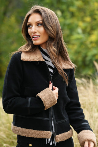 LISA TODD BLACK AND CAMEL MODERN MOTO JACKET