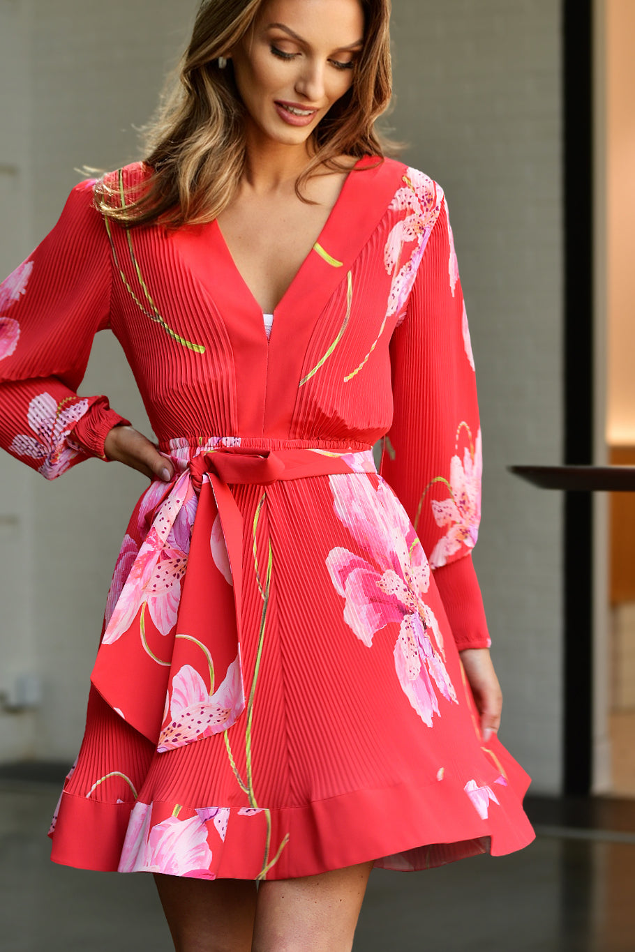 MILLY LIV FLORAL PLEATED MINI DRESS