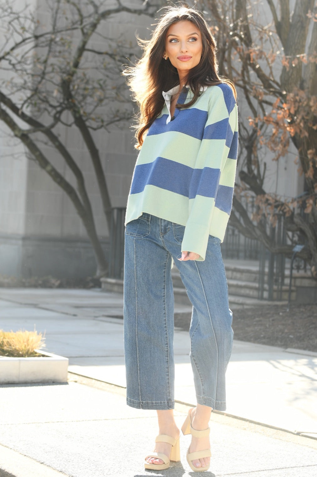 WHITE +WARREN INDIGO & SAGE STRIPE POLO SWEATER