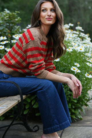 LILLA P SCARLET AND ACORN STRIPE SWEATER