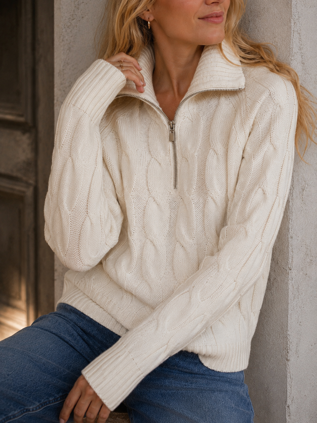 KINROSS CREAM ZIP SWEATER