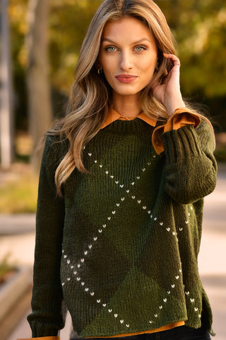 WOODEN SHIPS CHUNKY OLIVE ARGYLE SWEATER