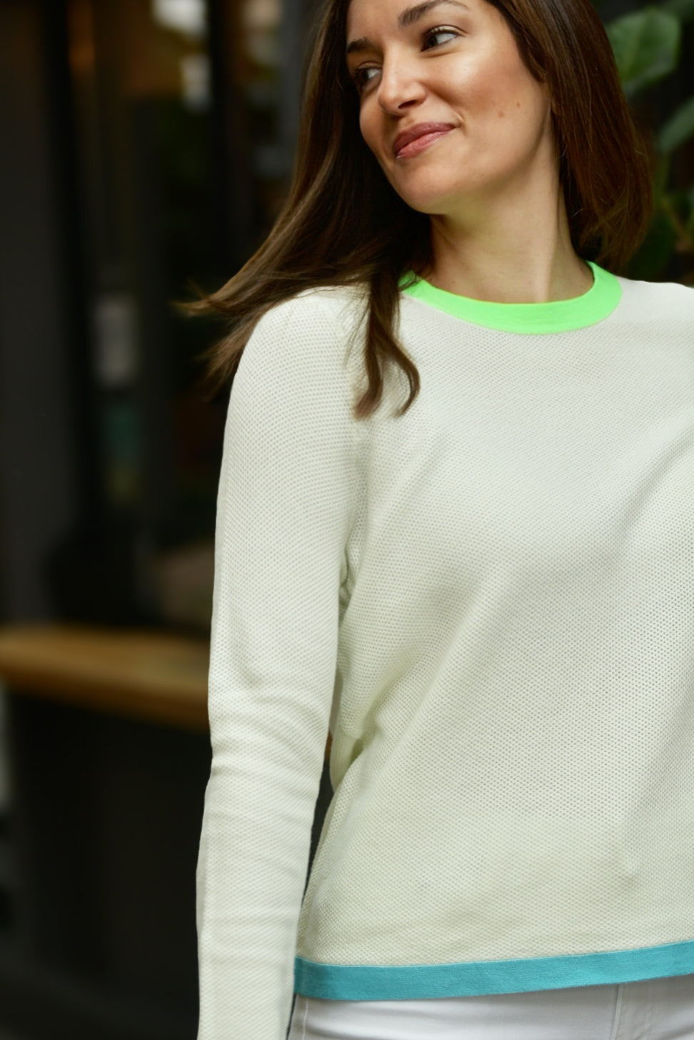 LISA TODD PERFECT PAIR CREW NECK LIME TRIM SWEATER