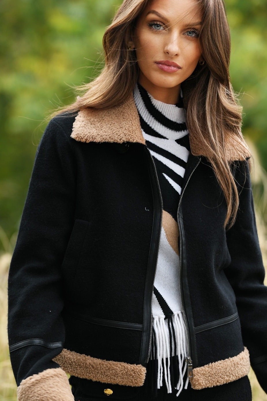 LISA TODD BLACK AND CAMEL MODERN MOTO JACKET