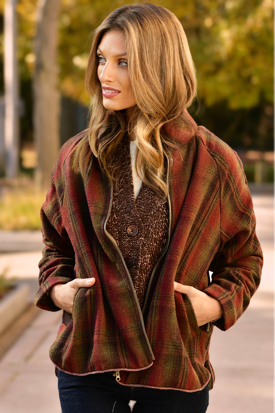 HELLO NITE MUTED PLAID ZIP JACKET