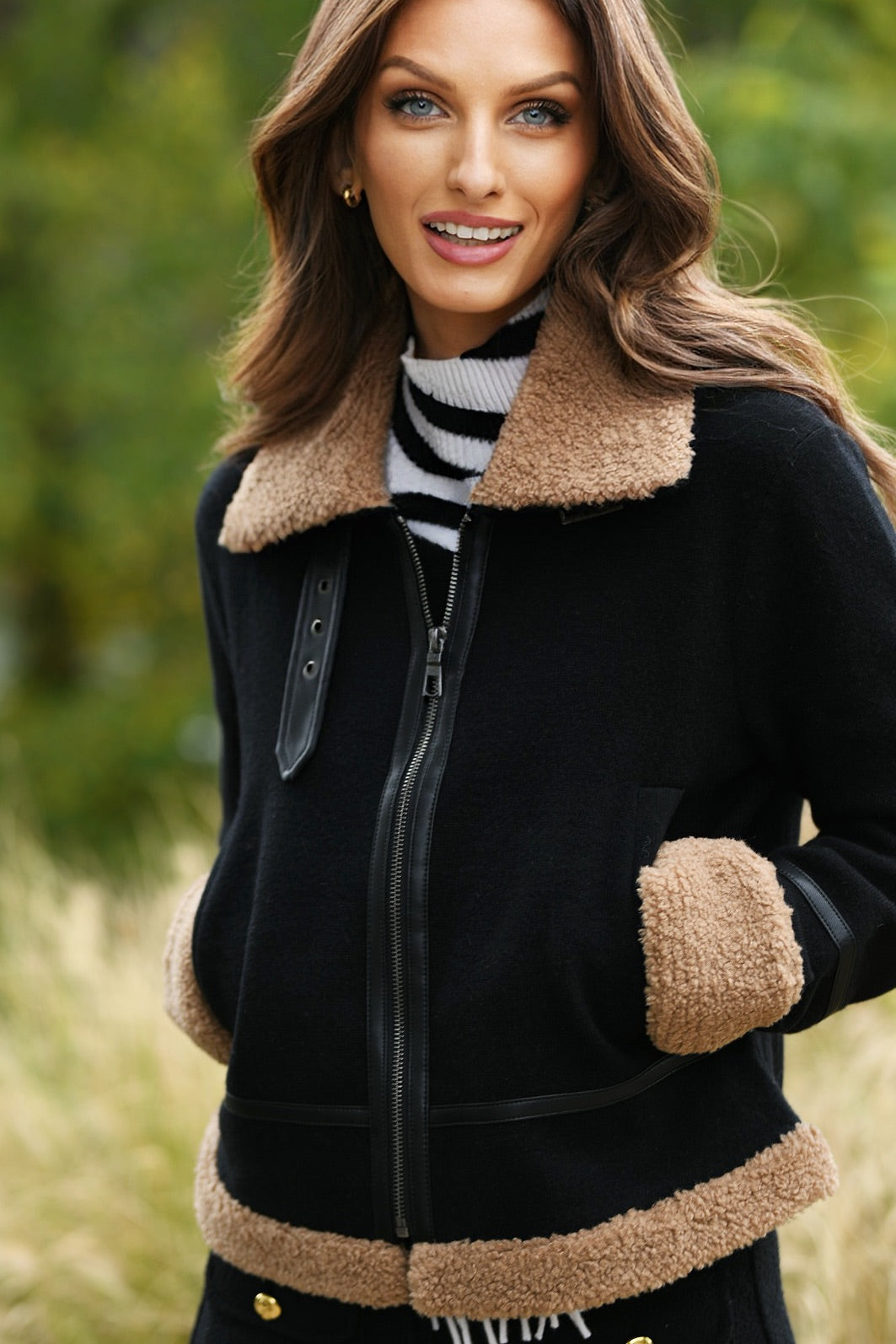 LISA TODD BLACK AND CAMEL MODERN MOTO JACKET