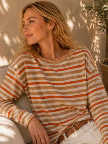 J. SOCIETY ROLL NECK CAMEL STRIPE SWEATER
