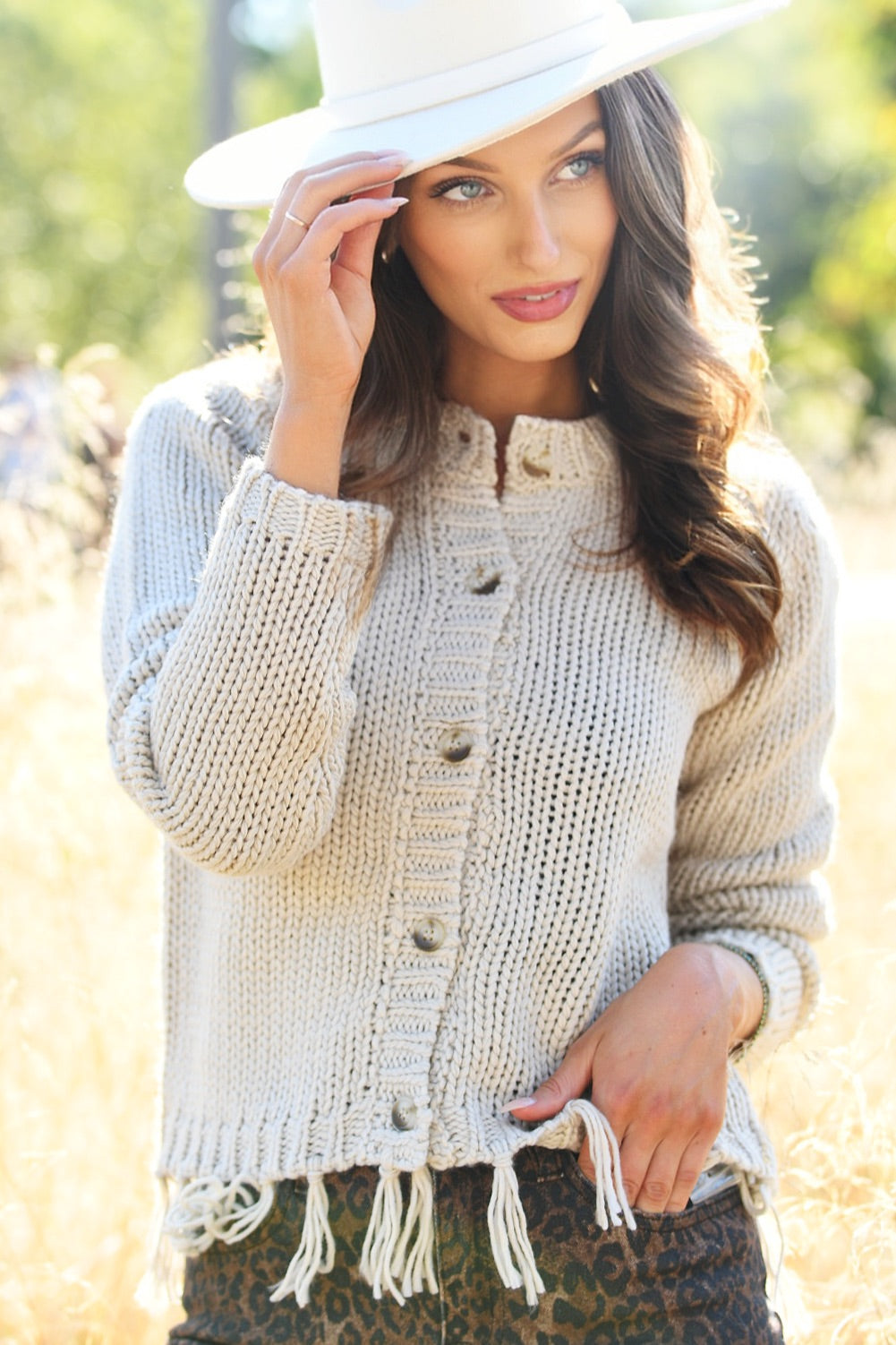 DREW FRINGE WHEAT BUTTON CARDIGAN
