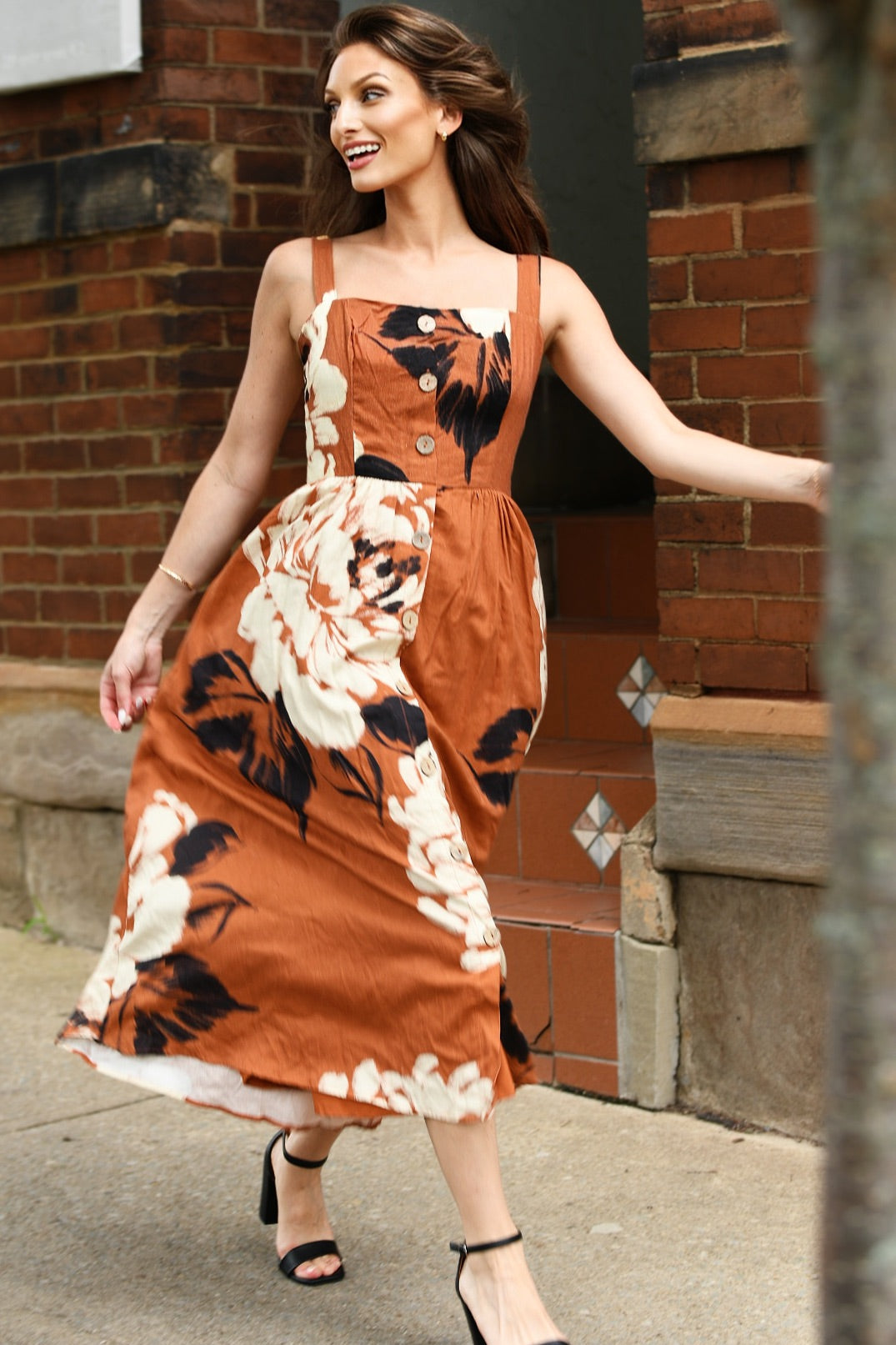 HUTCH SKETCHED COPPER MIDI FLORAL DRESS