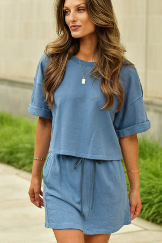 SUNDRY TERRY ROLL SLEEVE COLLEGE BLUE SWEATSHIRT
