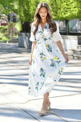 SHOSHANNA DODGE YELLOW FLORAL VINE DRESS