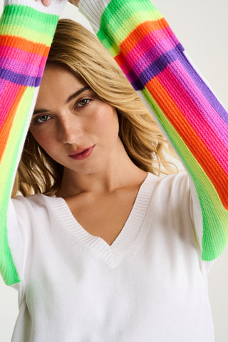 LISA TODD BRITE SIDE WHITE V NECK SWEATER WITH RAINBOW STRIPES