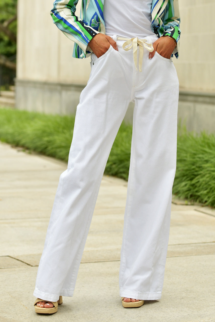 PISTOLA JADYN MID RISE DRAWSTRING WHITE JEAN