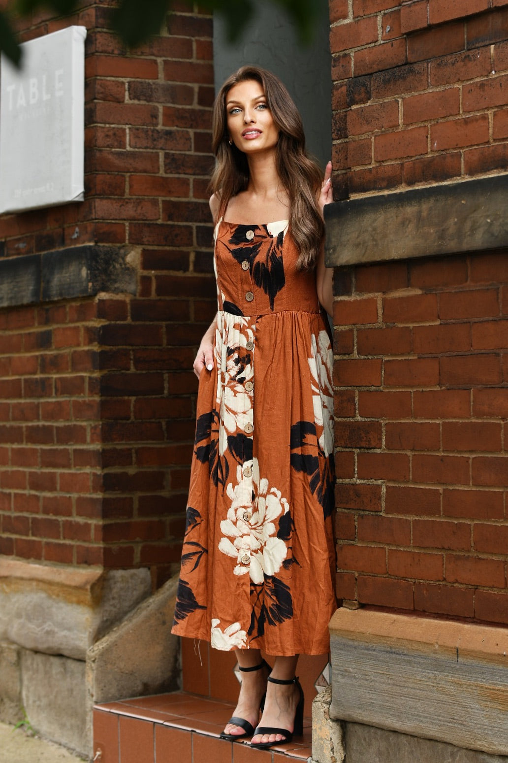 HUTCH SKETCHED COPPER MIDI FLORAL DRESS
