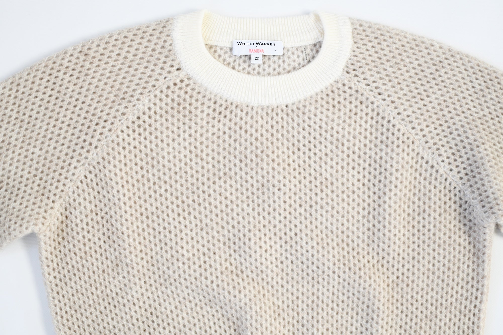 WHITE + WARREN TWO TONE MESH SWEATER