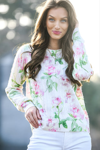 AUTUMN CASHMERE FLORAL PINK AND GREEN SWEATER